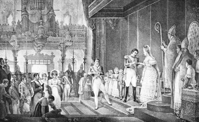 Casamento de D. Pedro I com a princesa Amélia de Leuchtenberg, celebrado por D. José Caetano [in Debret, Jean-Baptiste, Viagem pitoresca e histórica ao Brasil, p. 275].