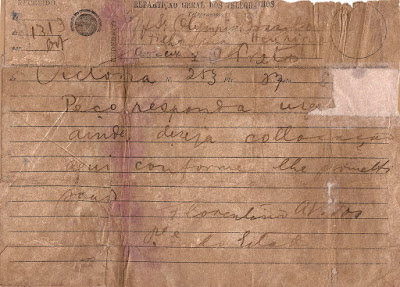 Telegrama do presidente do Estado do Espírito Santo, Florentino Avidos, solicitando resposta urgente sobre colocação de Olympio Brasiliense em Vitória, ES, [1924].