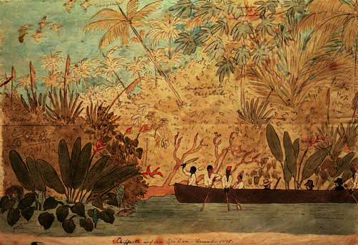 Navegação no Rio Doce, dezembro de 1815. Aquarela de autoria do príncipe  Maximilian Von Wied. 