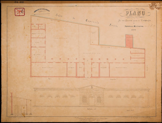Plano de um quartel para a Companhia de Aprendizes Marinheiros, 1871. C. Cintra, 14/05/1871. Copiado pelo Major G. João Nepomuceno de Medeiros M.